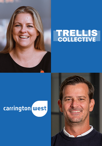 Image featuring Tanya Andrews alongside her company logo, Trellis Collective. Below, Carrington West MD James Fernandes appears by the side of Carrington West's company logo.